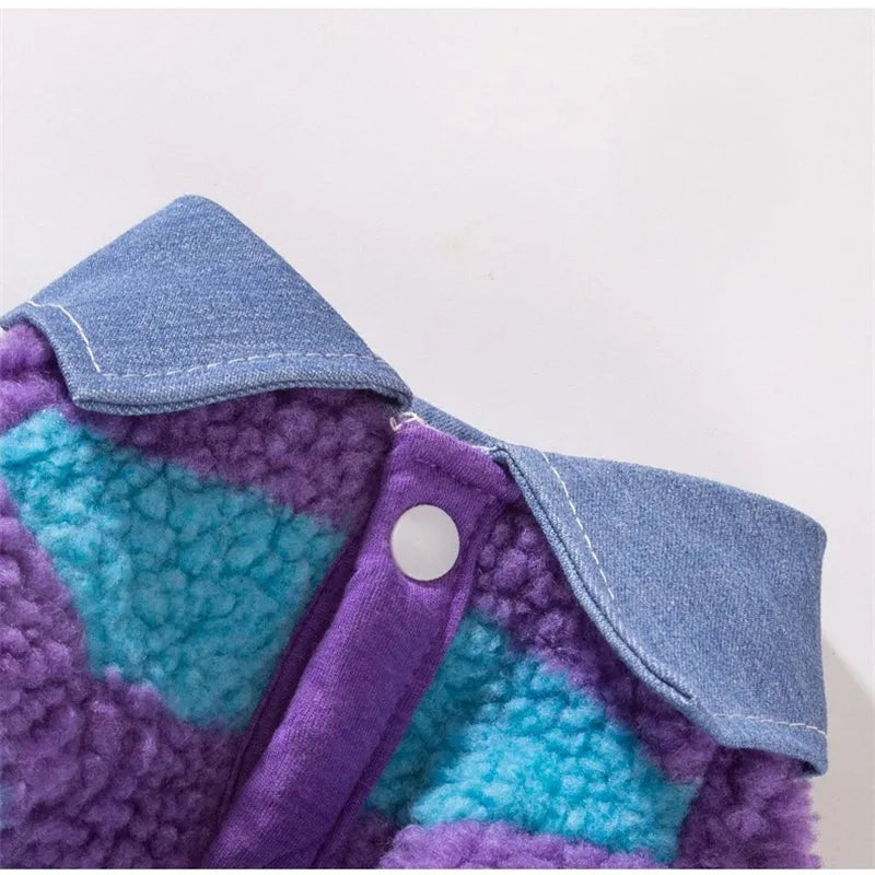 Thick warm winter sweater with leash hole for small dog or cat, striped lamb wool denim, available in black blue and pink