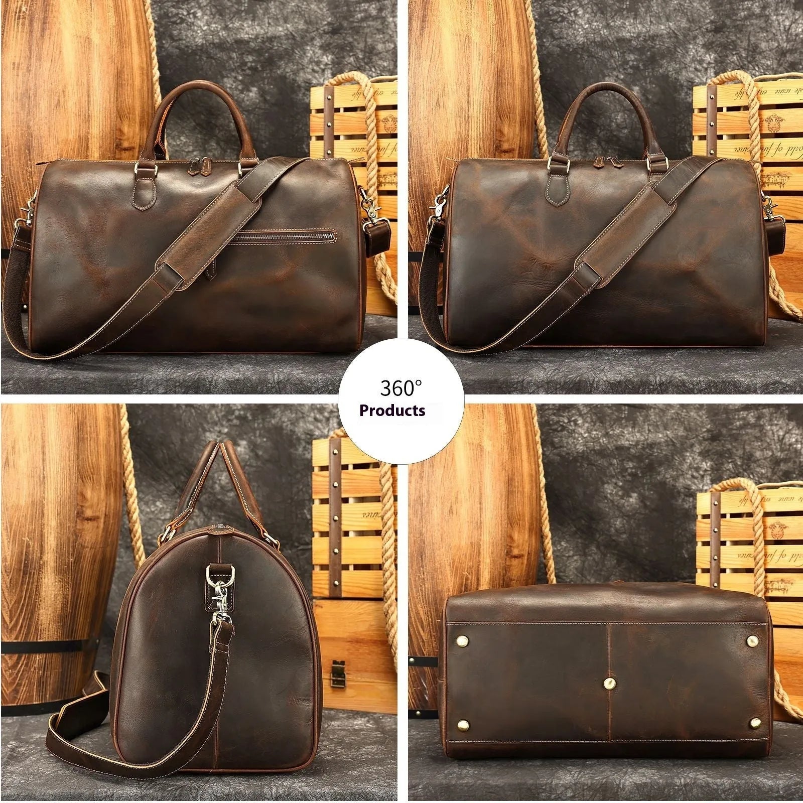 Men's vintage leather crossbody bag in first layer cowhide with dimensions 48.3cm x 25cm x 29cm