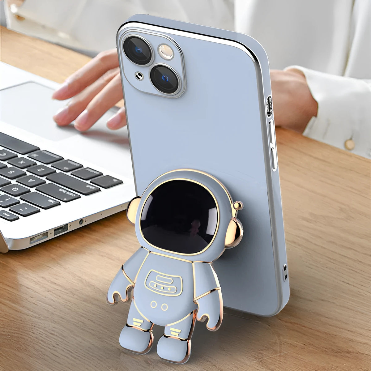 3D astronaut anti-drop TPU phone case with electroplating bracket for iPhone, light cyan colour
