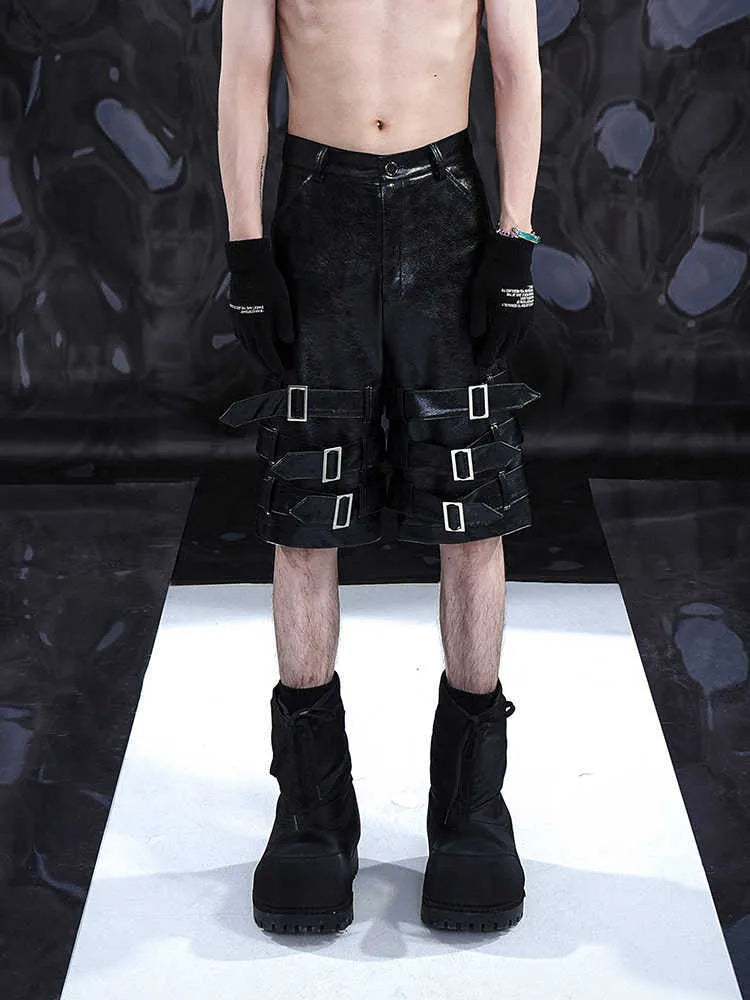 Men's black PU leather cropped pants with leather ring detailing on waistband