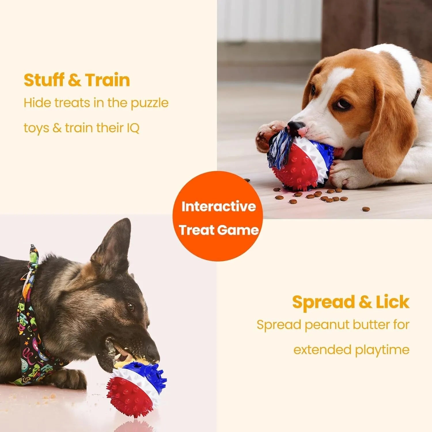 Blue and red TPR rubber dog chew toy with treat dispenser hole and dental bumps.