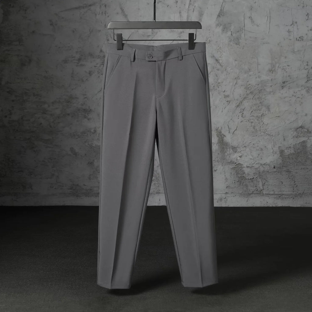 Men's straight loose fit brushed polyester trousers in khaki, side view, size 32