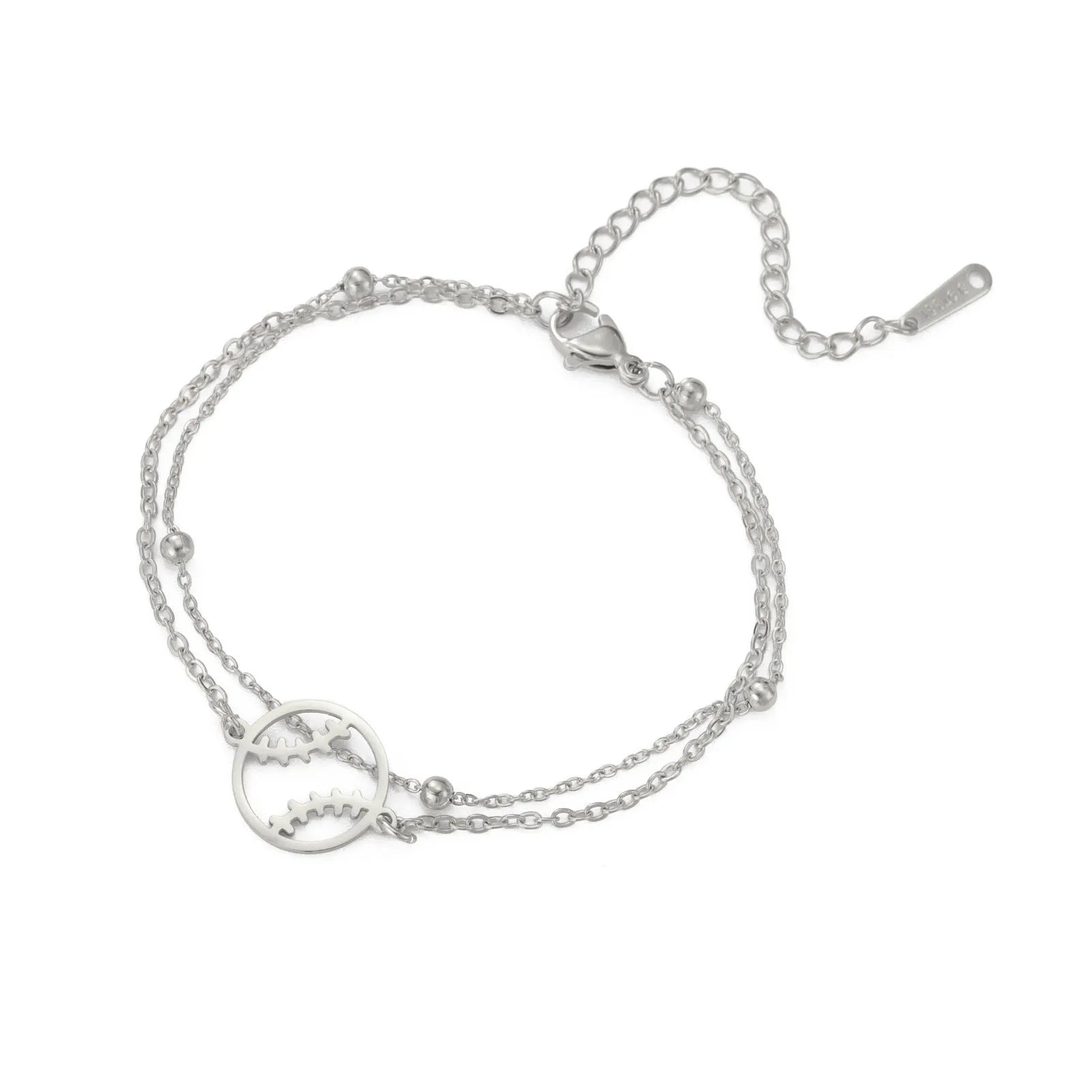 Stainless steel hollow baseball bracelet with double-layer chain in steel colour on wrist