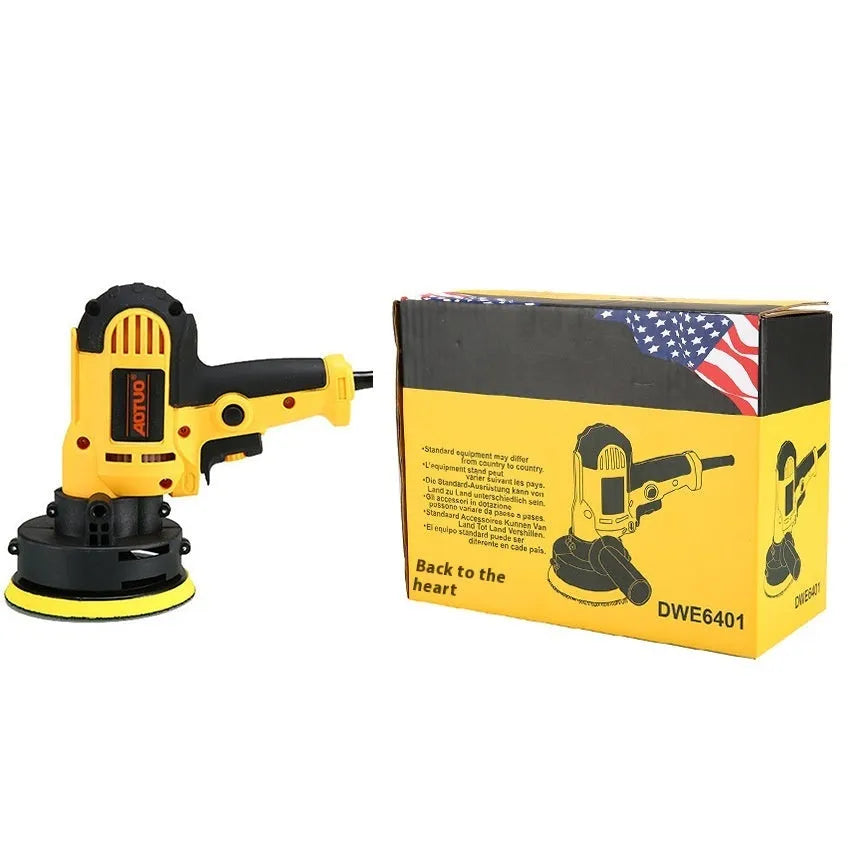 Yellow 110V car polishing machine 9-piece set with 700W motor, disc, wool ball, wrench, and side handle on a workshop bench