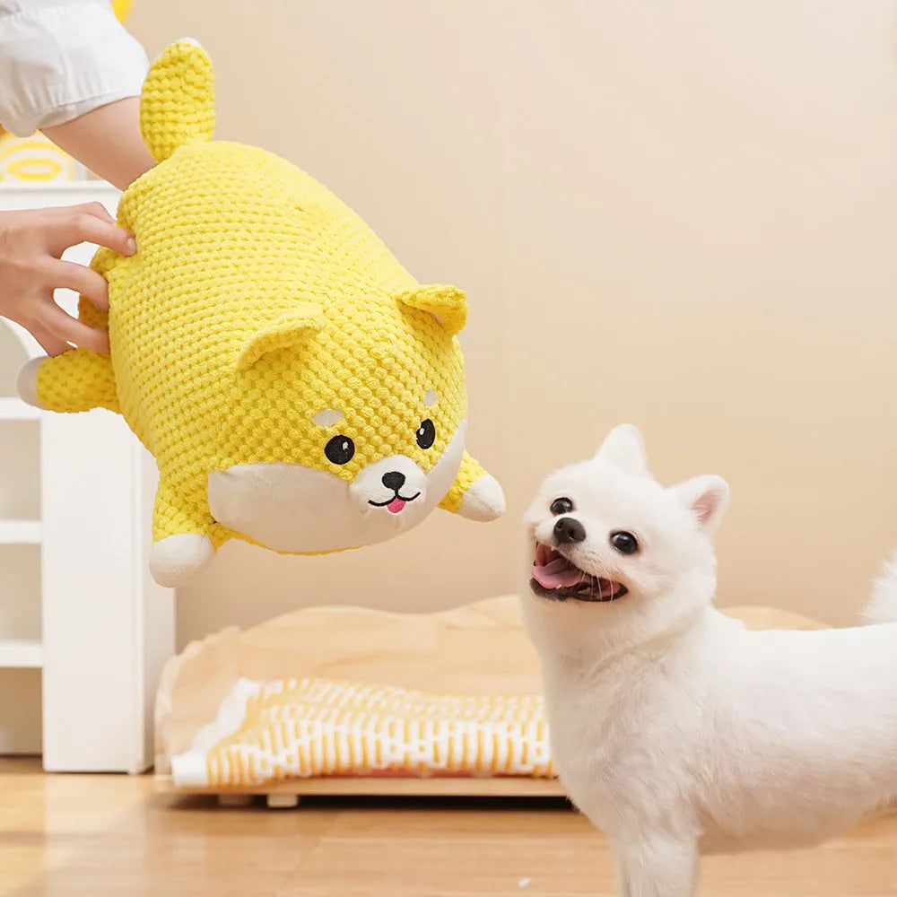 Large and medium plush dog calming toy with squeaker, bite-resistant fabric, pillow shape