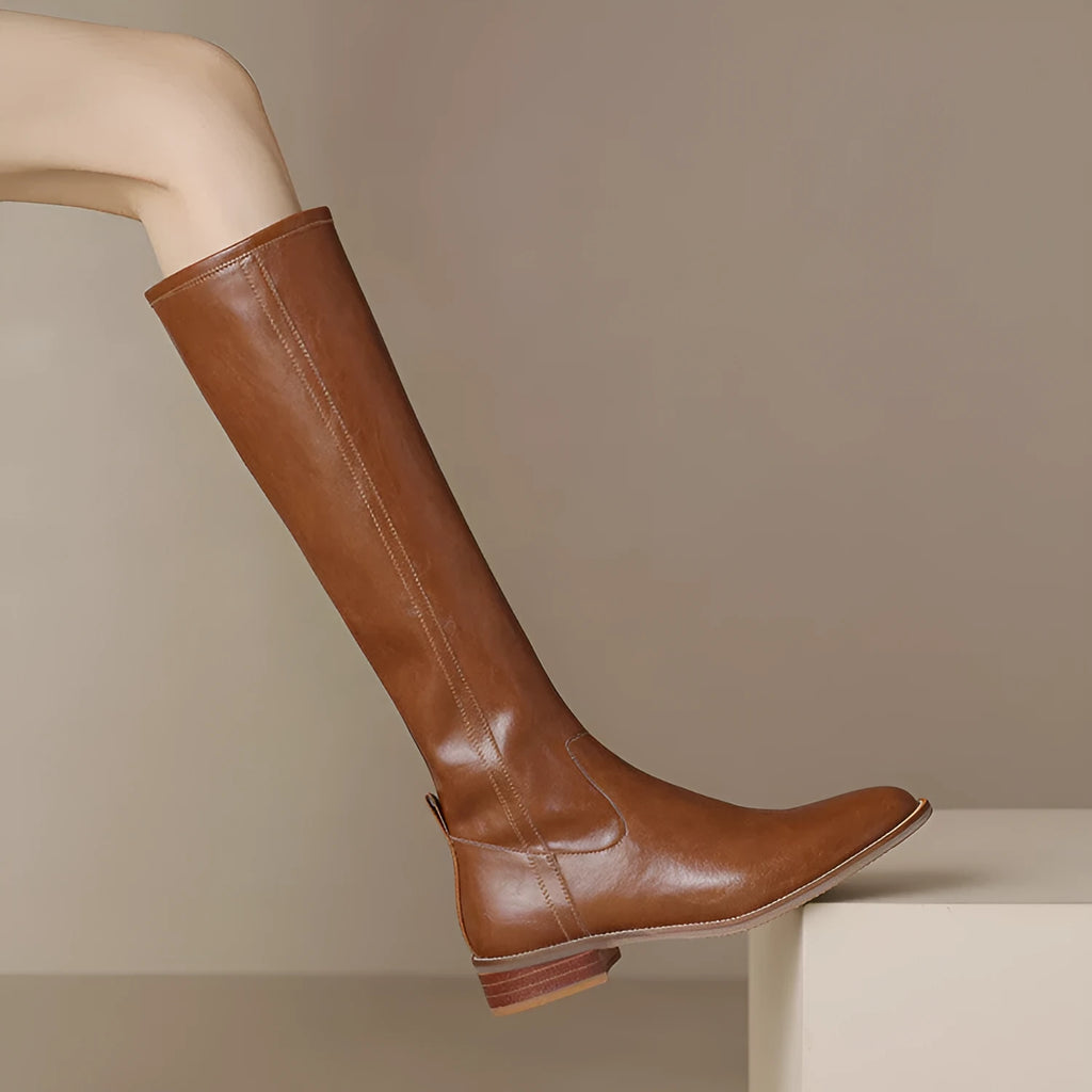 Women's round-toe mid-heel knee-high riding boots in black with cowhide leather upper, side zipper, and chunky heel
