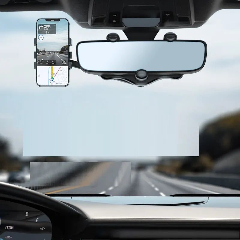 Rotating navigation bracket mounted on car rearview mirror showing left-right adjustment