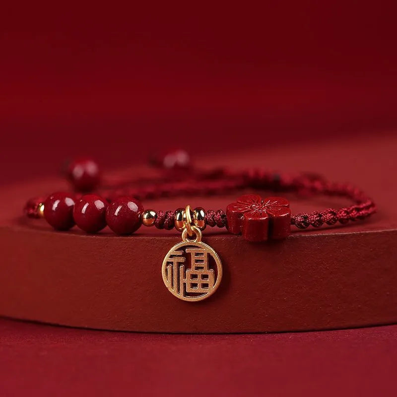 Cinnabar braided rope bracelet with traditional blessing card in ethnic style for unisex wear