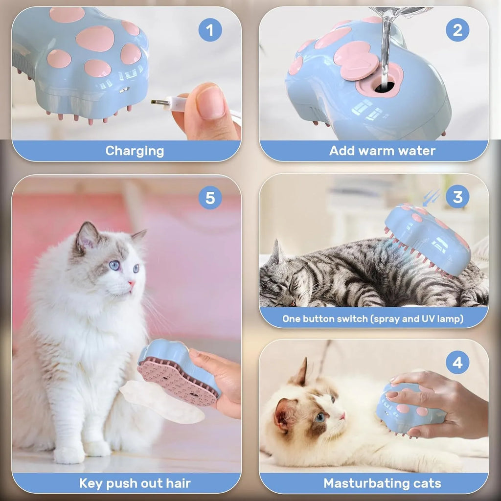 Blue 4-in-1 self-cleaning cat steam brush with silicone bristles and rechargeable spray bottle