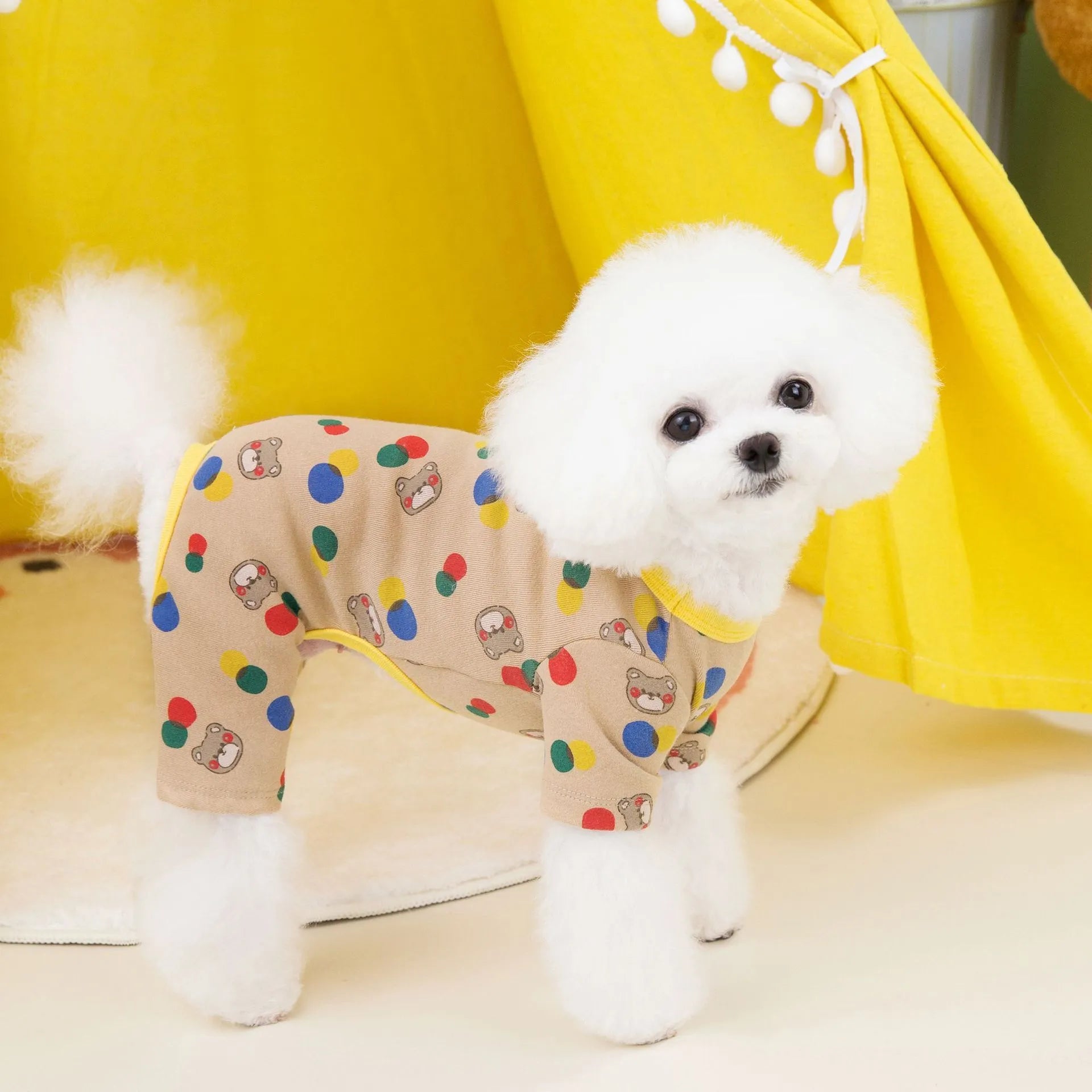Dog wearing beige cotton-spandex blend casual pet clothing in size L