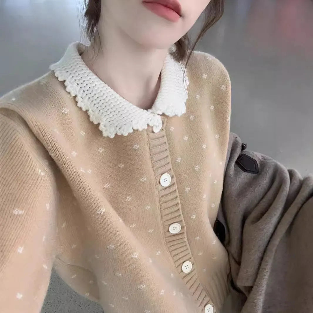 Retro Peter Pan collar knitted cardigan with floral embroidery in navy blue colour