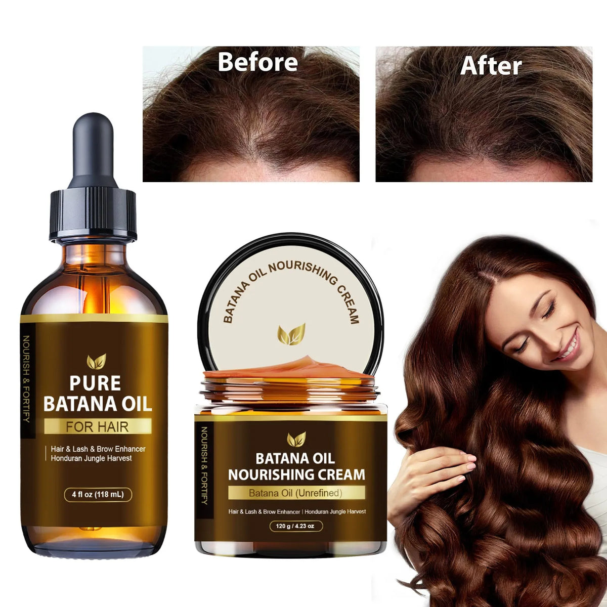Batana oil hair care set with cream, eyelash curler, and eyebrow brush for women men