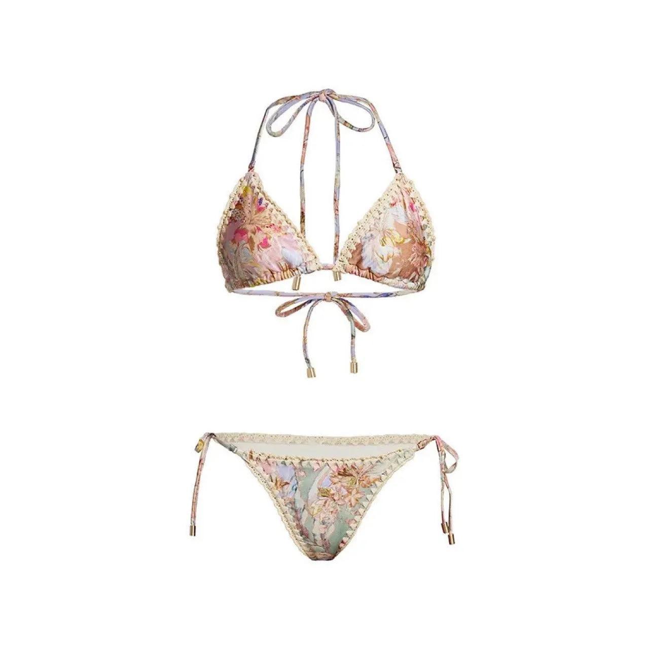 Women's floral pattern bikini set with skirt in creamy-white beige colour