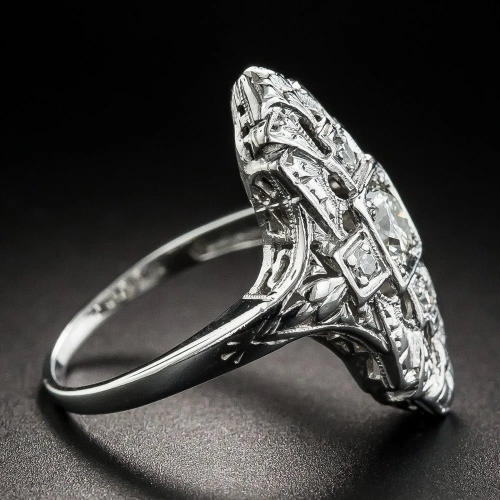 Silver geometric hollow-out ring with diamond studs on copper base