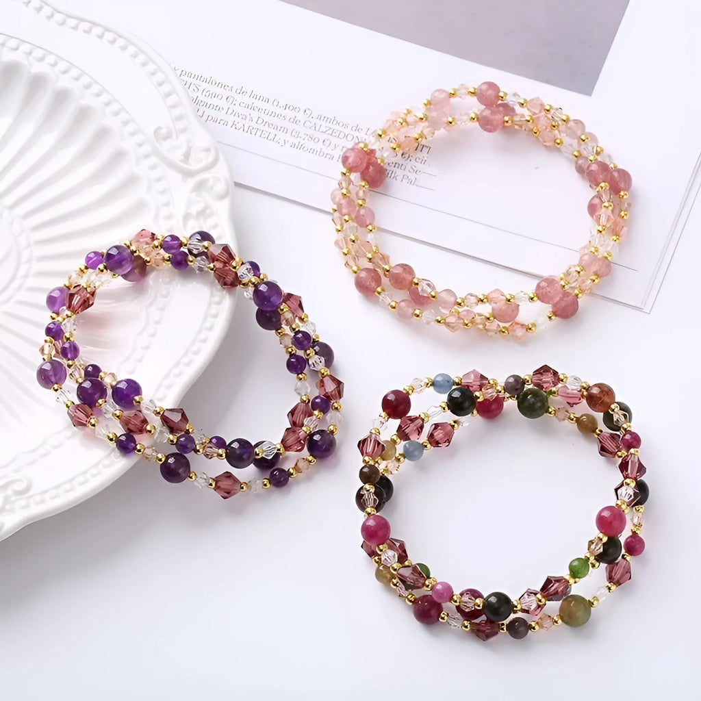 Handmade adjustable three-ring crystal bracelet for women in tourmaline, strawberry quartz or amethyst.