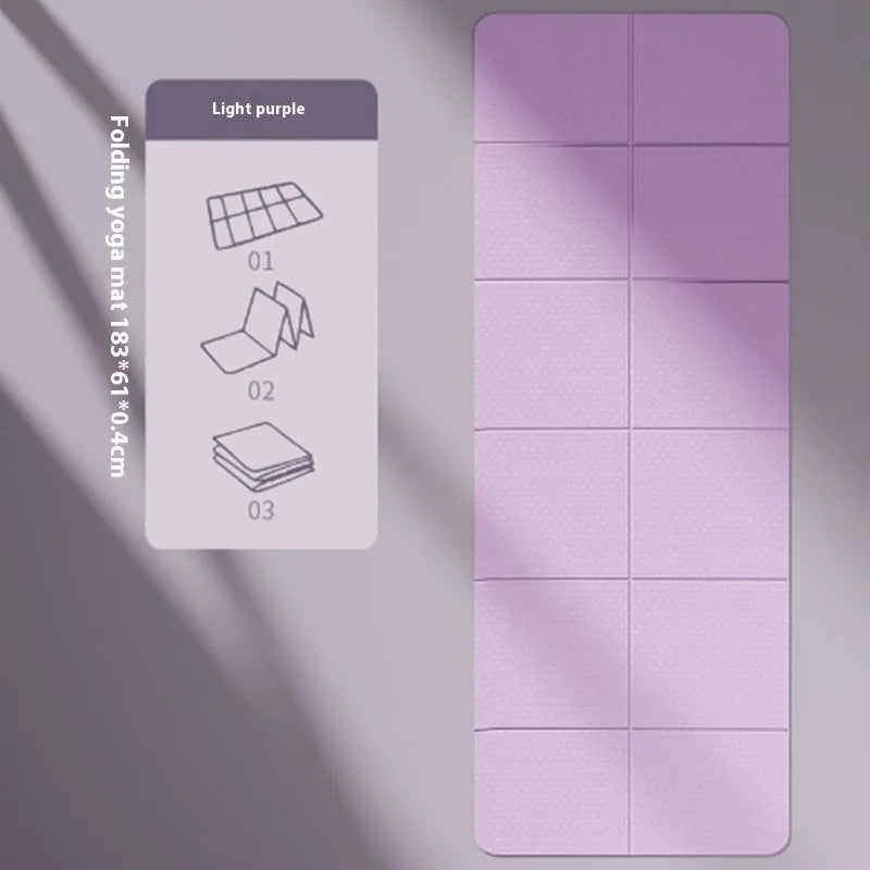 Purple folding TPE yoga mat, shown both fully unfolded and folded into six sections.