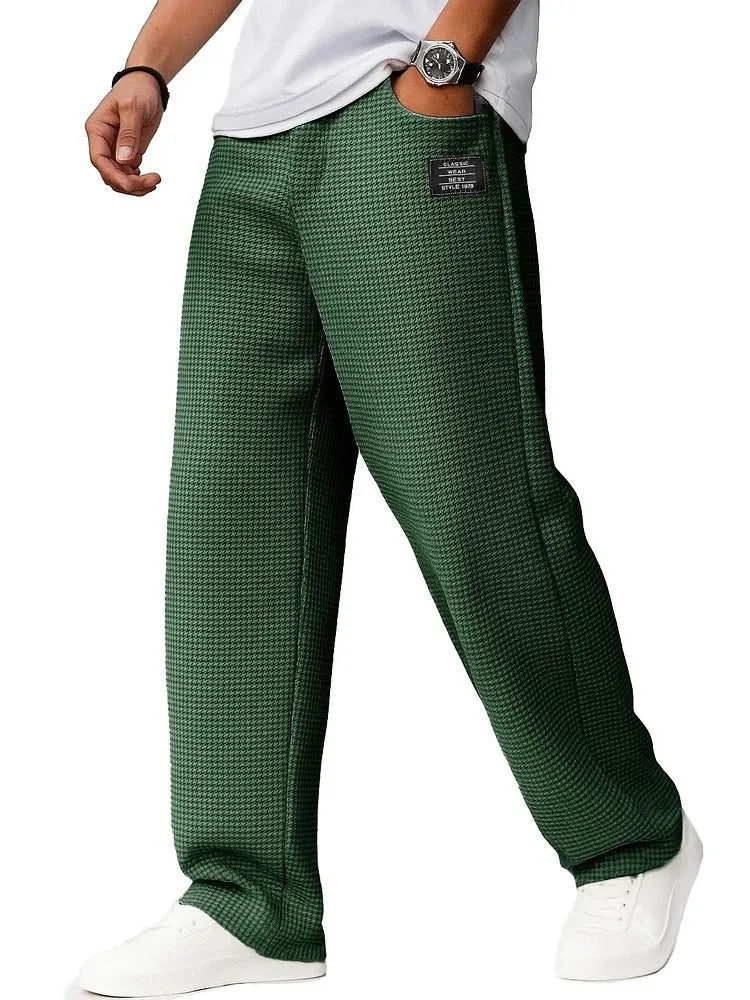 Men's waffle knit straight-leg trousers in gray, cotton blend with drawstring waist, houndstooth pattern