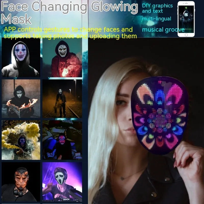 LED luminous face mask with changing displays for Halloween and party events
