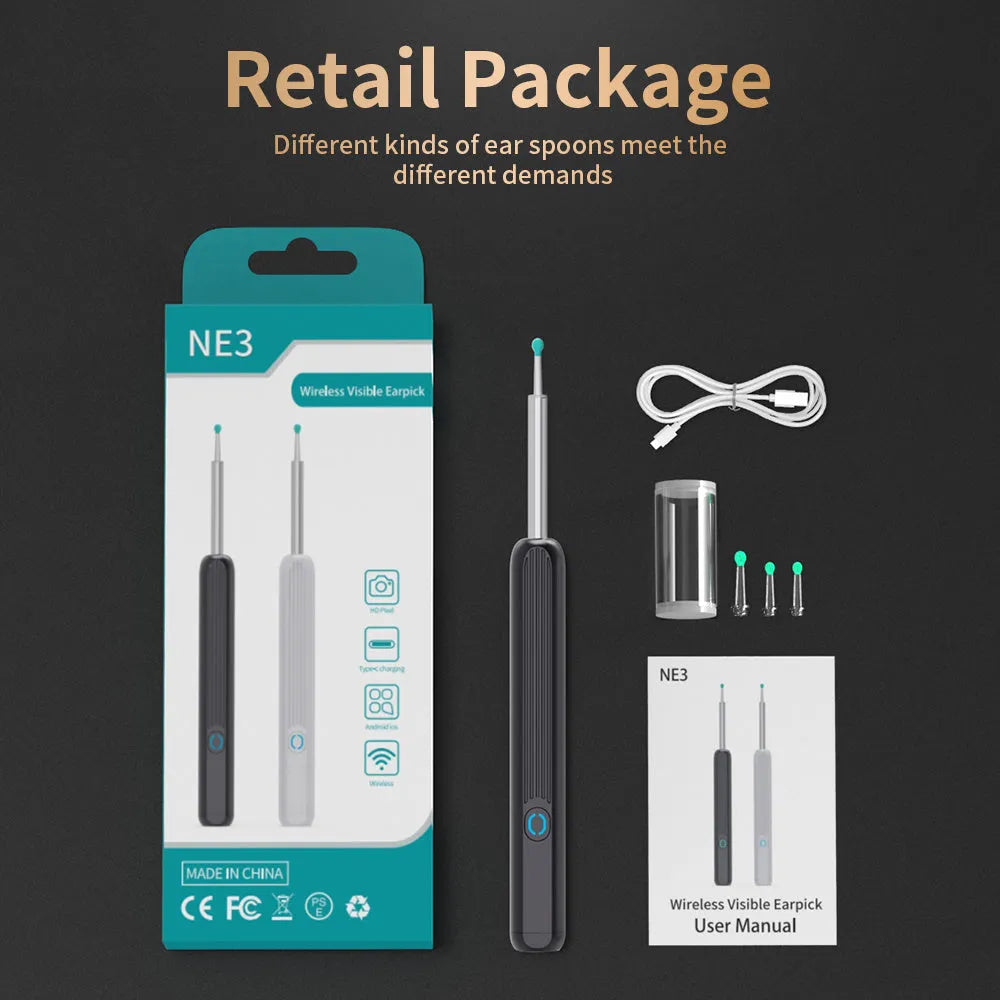 NE3 wireless otoscope ear cleaner with camera, LED light, and smartphone display showing ear canal view