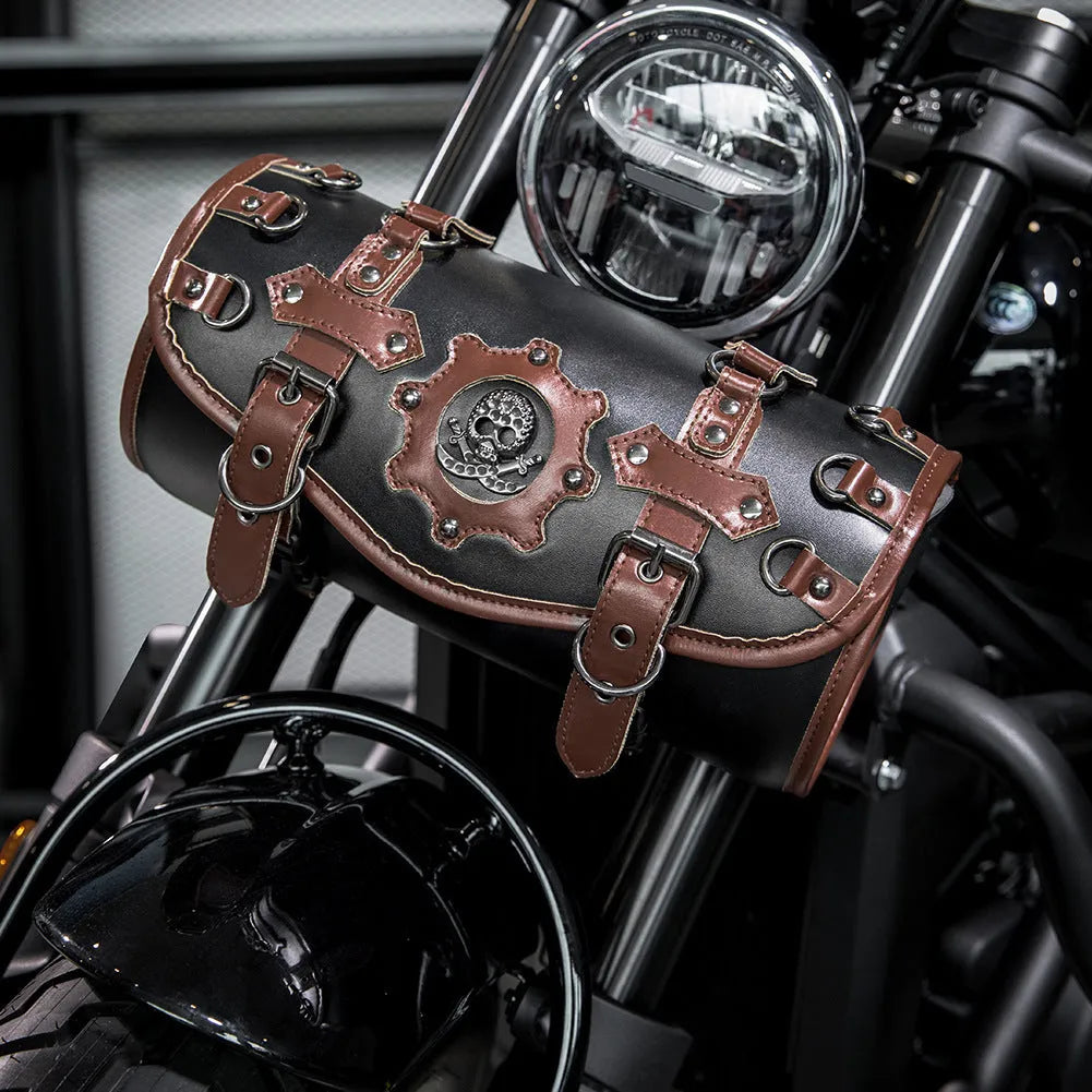 Punk retro style black PU motorcycle pannier bag mounted on a bike.