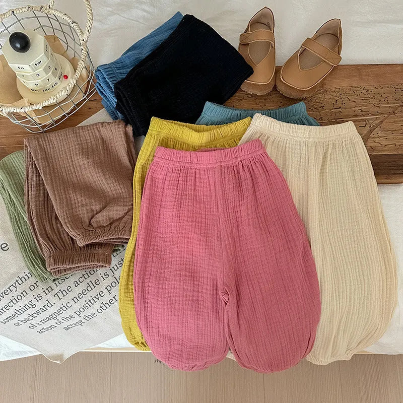 Thin cotton girls pajama pants in lake blue, mid waist, suitable height 120cm, soft fabric