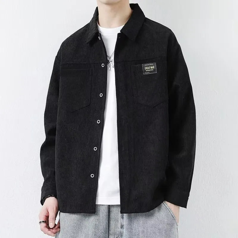 Men's corduroy casual jacket in cardigan style with long sleeves