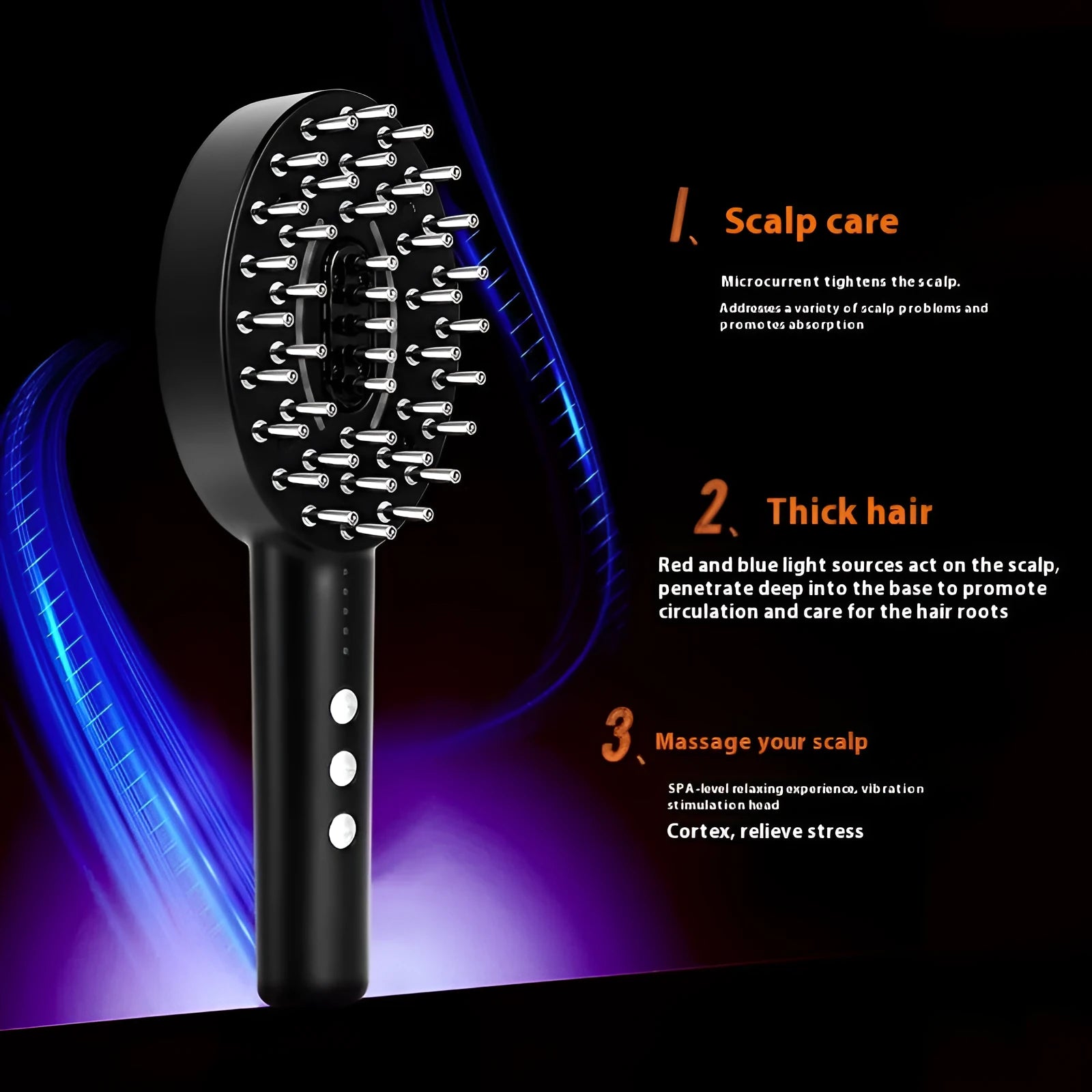 Handheld KD3802 Black scalp massage device with USB charging cable on a plain background.