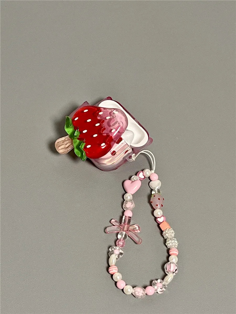 3D strawberry ice cream AirPods case for AirPods 1/2, 3rd Gen, Pro and Pro 2 with optional bracelet
