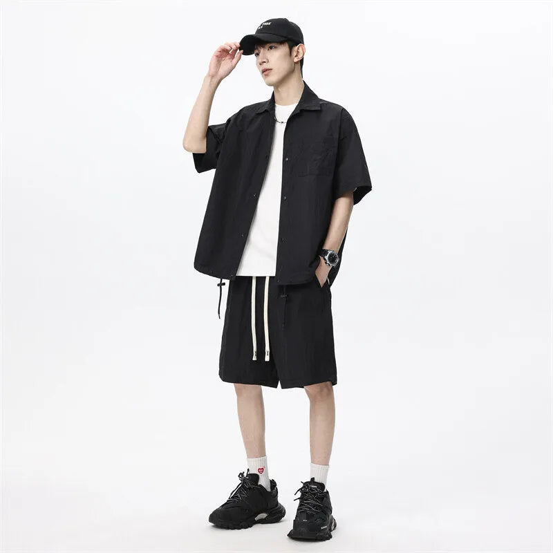 Men's loose casual shirt and shorts two-piece set in dark gray, light breathable nylon blend
