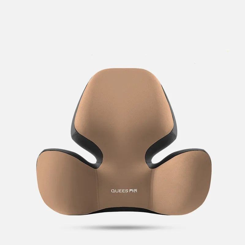 Black and grey memory foam car seat lumbar support pillow and headrest on a car seat.