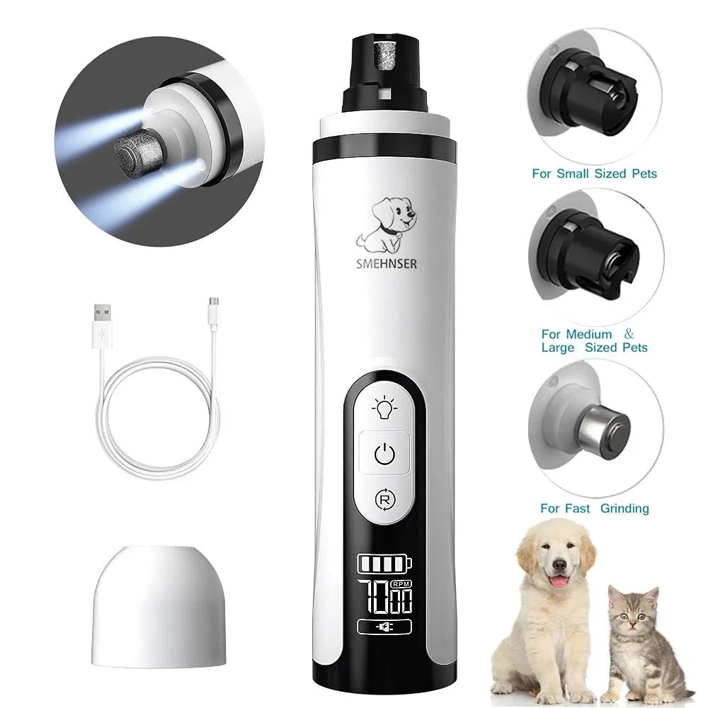 Electric dog nail grinder with LED display showing three speed settings for pet claw care