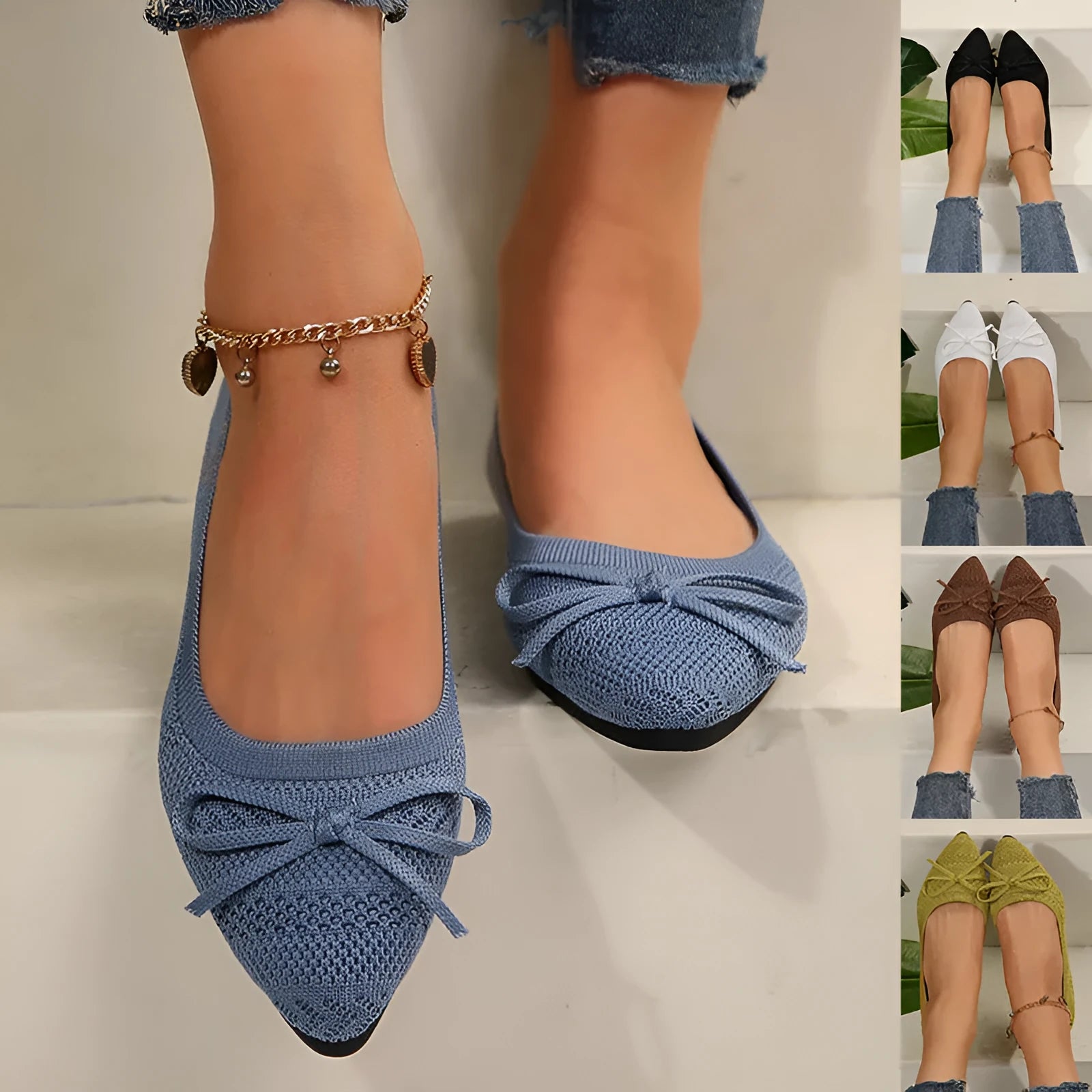 Women's blue knitted flat loafer with bow detail on pointed toe, showing rubber sole