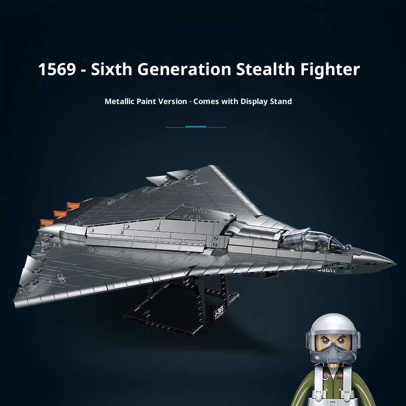 J-36 stealth fighter military model building blocks set with 1182 small plastic particles for teens 7-14.