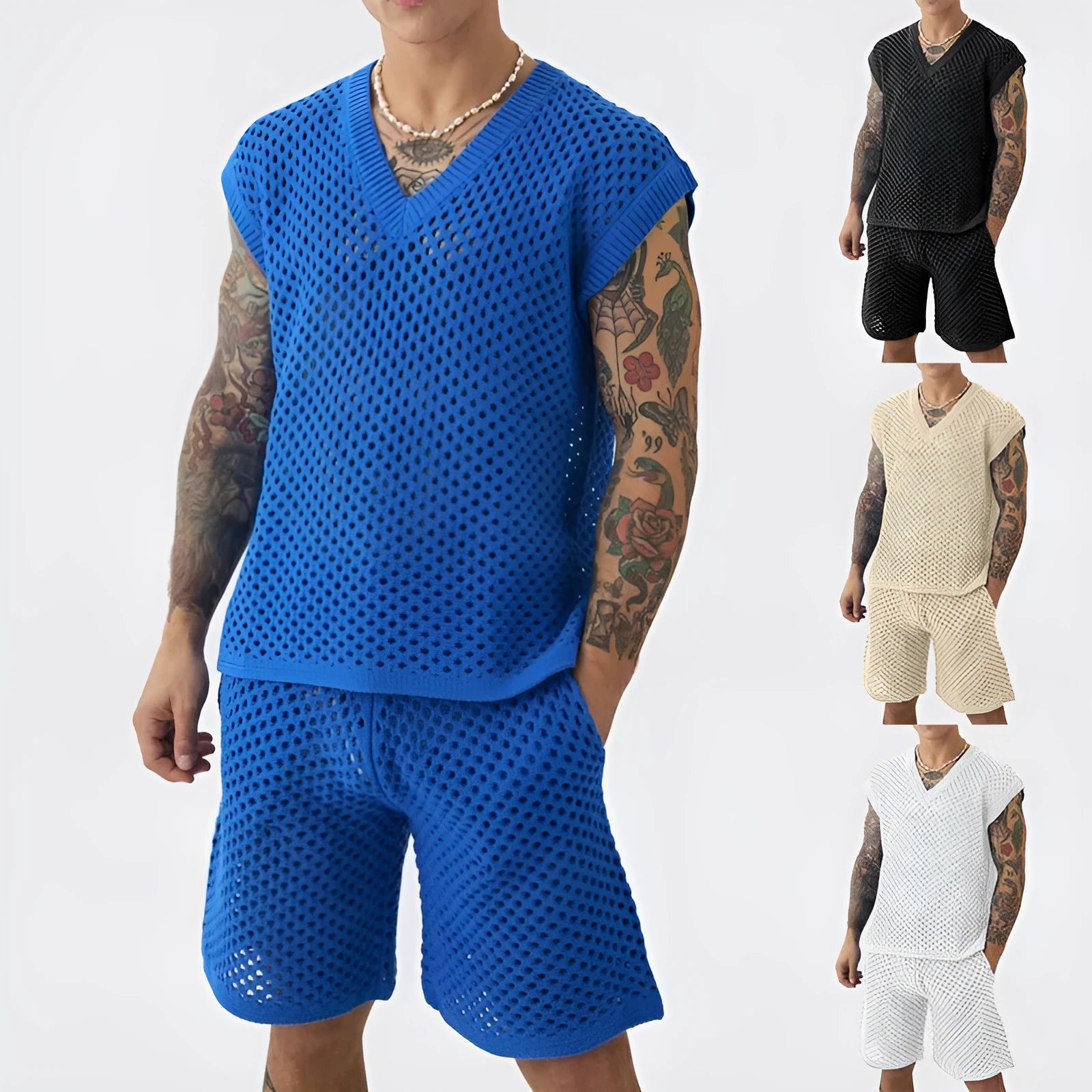 Men's blue V-neck knitted vest and matching shorts sports set laid flat.