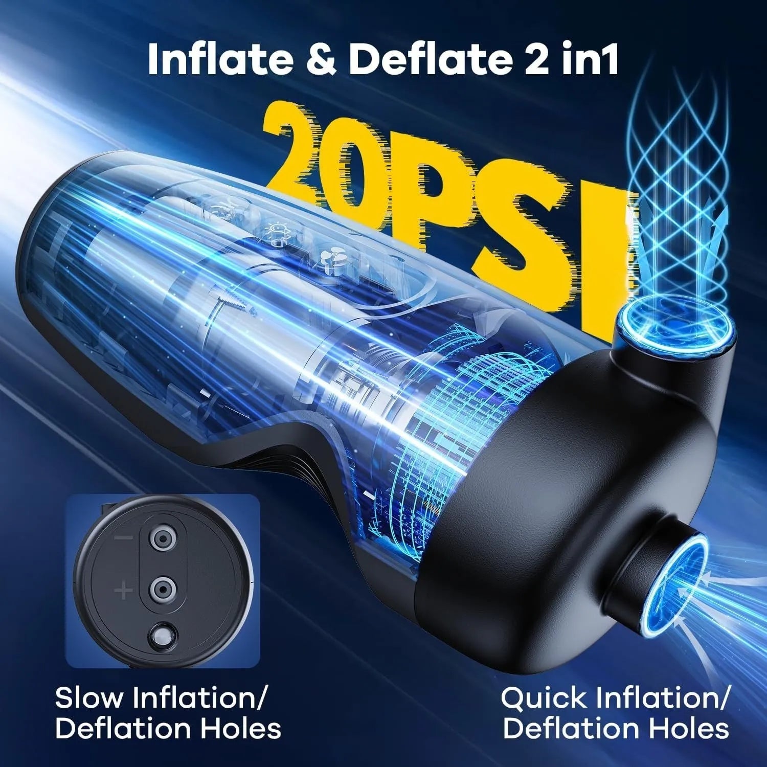Black cordless portable inflator with ABS body, lighting, and warning lights for home and outdoor use