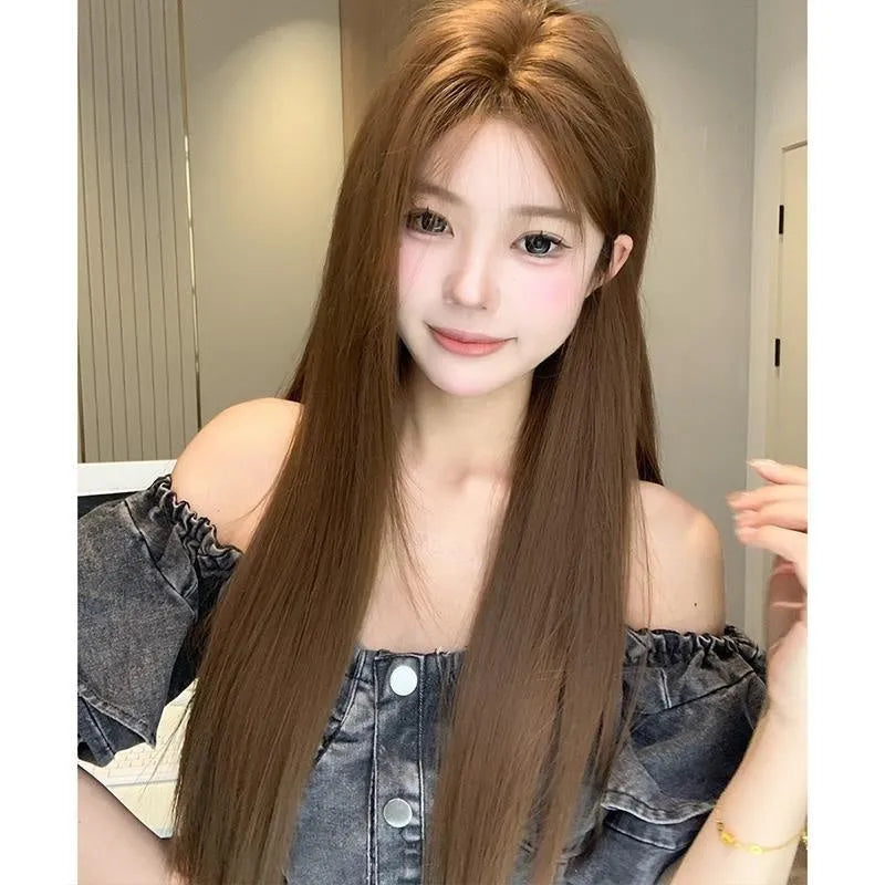 Centre-parted bangs long straight wig in warm brown with forehead lace front