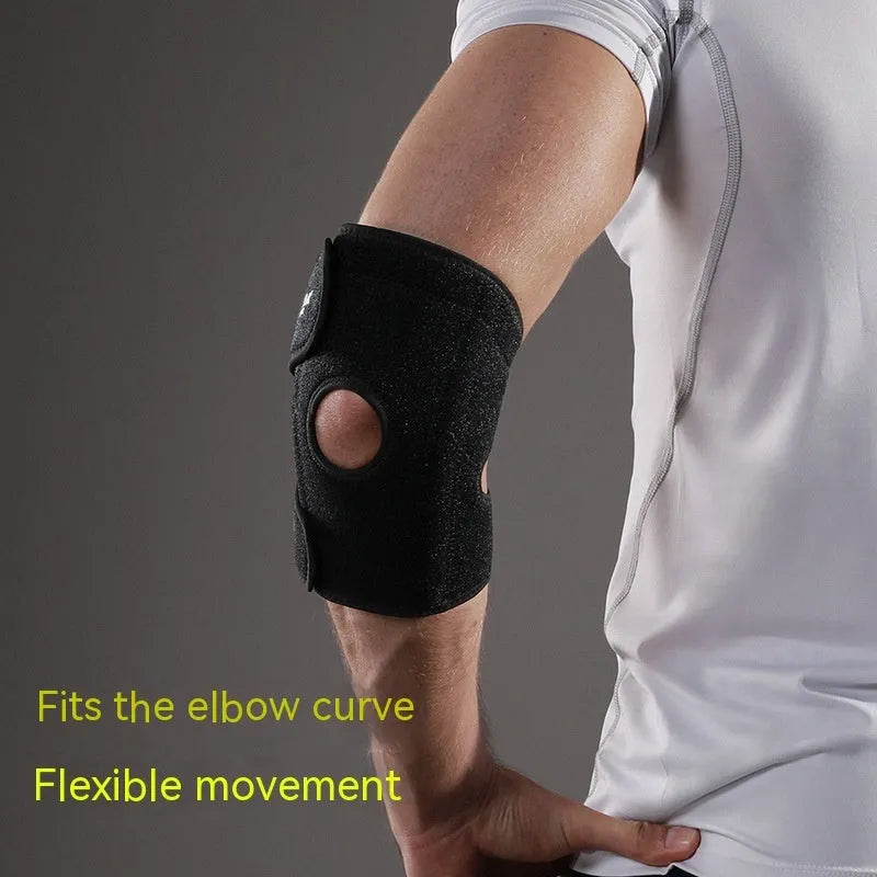 A black adjustable sports elbow guard shown on an arm, suitable for training and multiple sports.