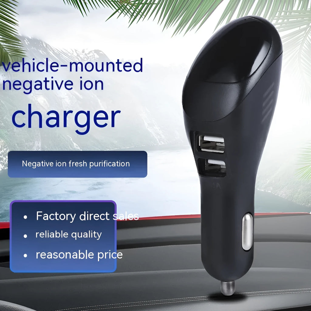 White car USB charger with negative ion vehicle-charged purifier showing compact dimensions