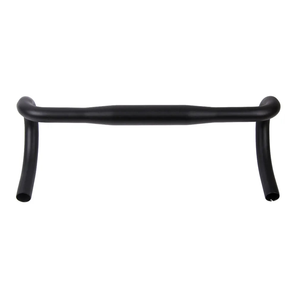 Black aluminium alloy road bike bent handlebar showing its curved shape and clamp area