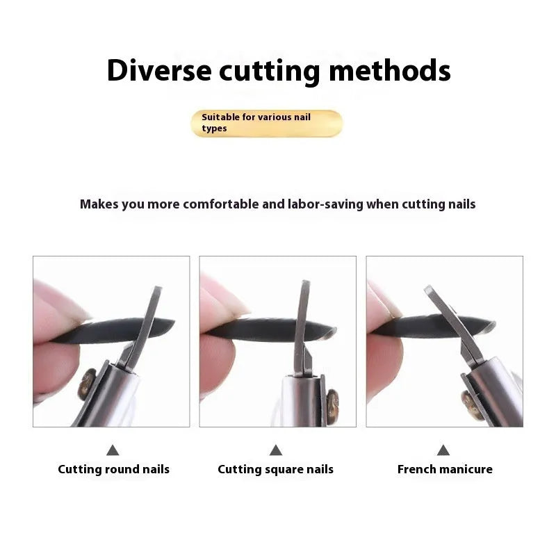 Close-up of stainless steel U-cut nail scissors in electrophoresis black, titanium, and silver handle colours.