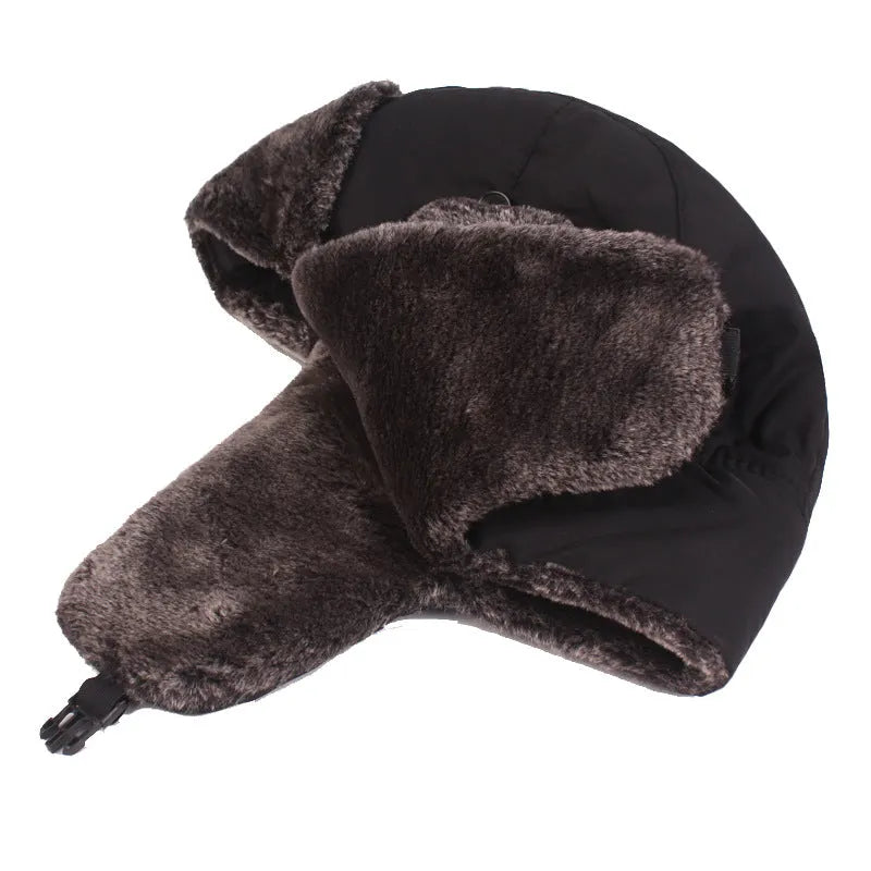 Men's thickened plus velvet ear protection hat in solid colour, cotton construction, 58cm circumference
