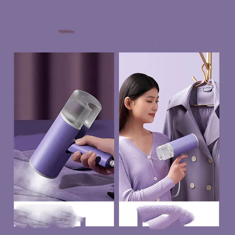 Portable handheld garment steamer in grey lotus root purple colour with foldable design and water reservoir