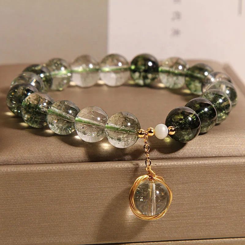 Natural chorite crystal bracelet with green phantom quartz beads in Japanese Korean style