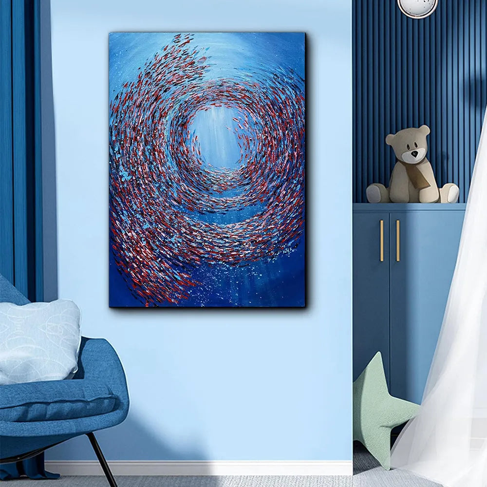 Thick textured knife painted fish vortex handmade abstract oil painting on canvas for home wall decoration