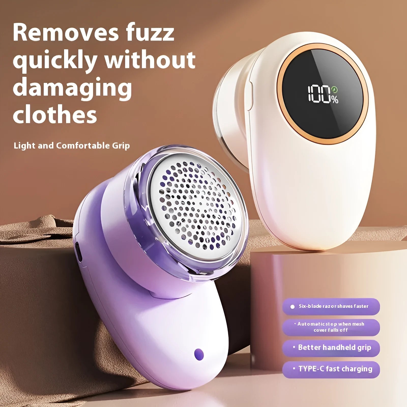Beige and purple digital fur ball trimmer lint removers with replacement cutter heads on a table.