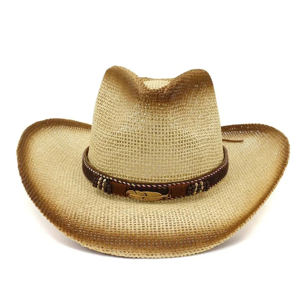 Western cowboy hat with spray paint pattern on straw material, bell crown shape, shown in neutral colour options