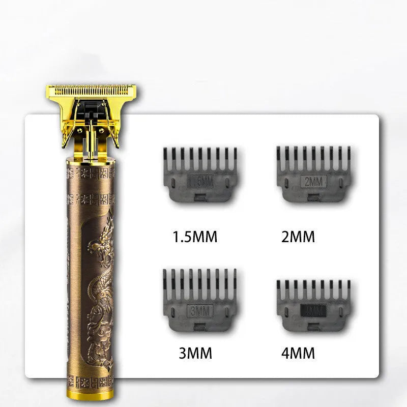 Rechargeable cordless fashion hair clipper set with USB cable, four limit combs, and washable blade