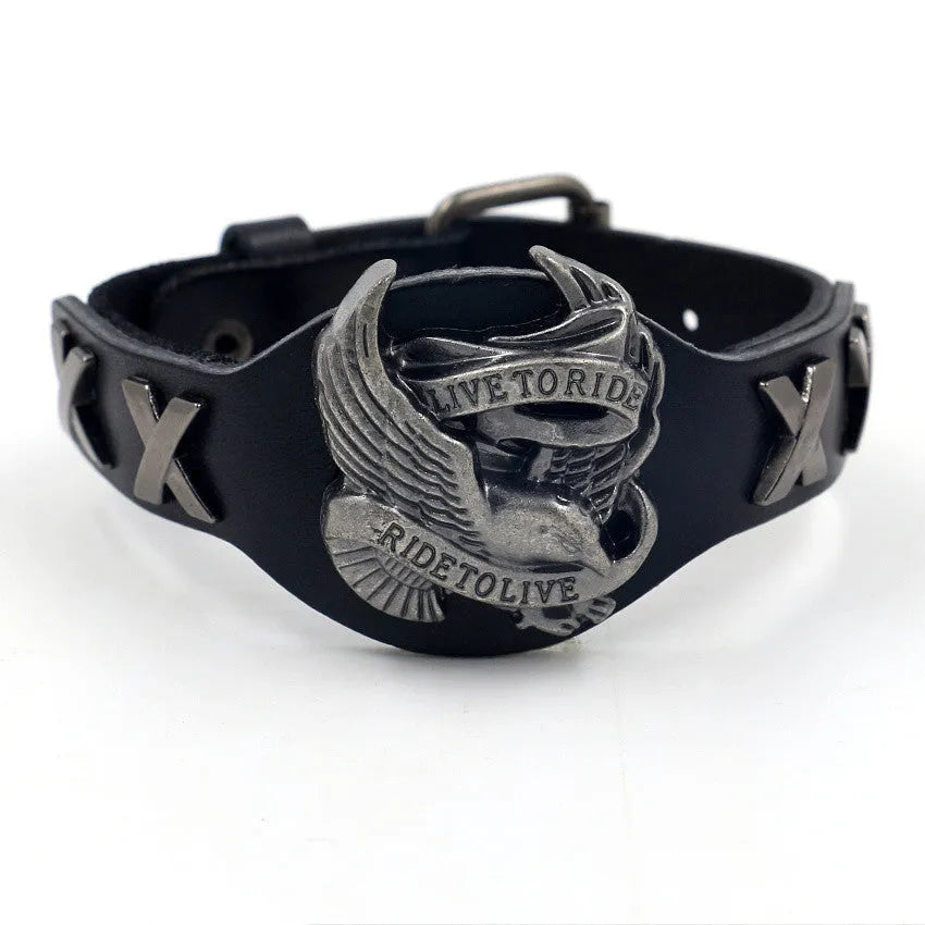 Black leather bracelet with a geometric alloy eagle watch-buttom decoration.