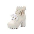 Women's lace-up ankle boots with 6-8cm thick heel, round toe and side zipper in white, black or brown