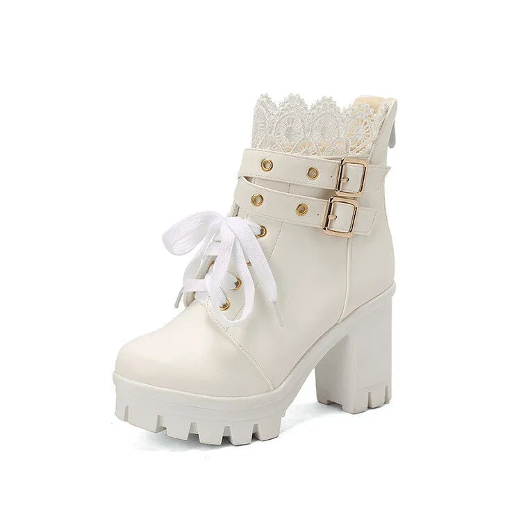Women's lace-up ankle boots with 6-8cm thick heel, round toe and side zipper in white, black or brown